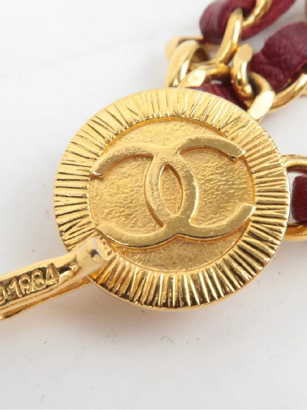 Authentic CHANEL 1984 Vintage burgundy leather triple chanel belt 83cm